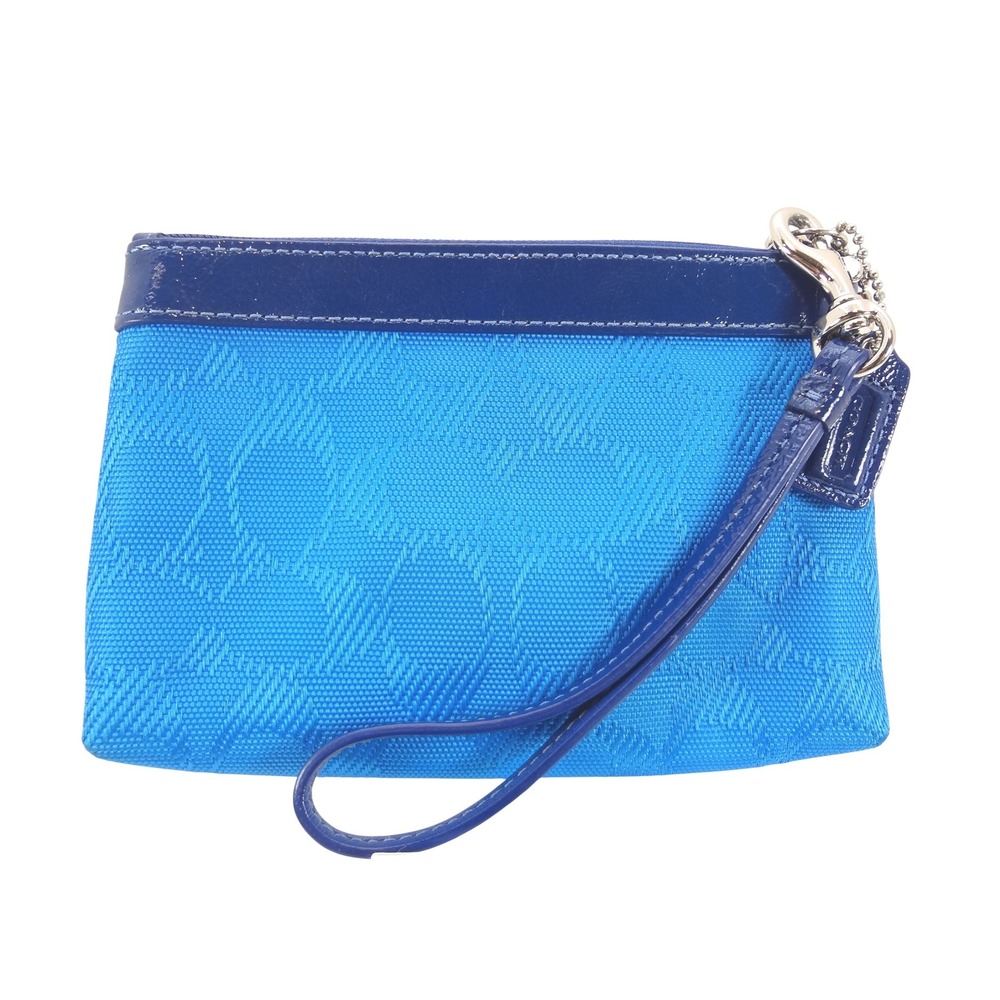 Vintage Coach Wristlet Blue Excellent Signature Jacquard Patent Leather Pouch
